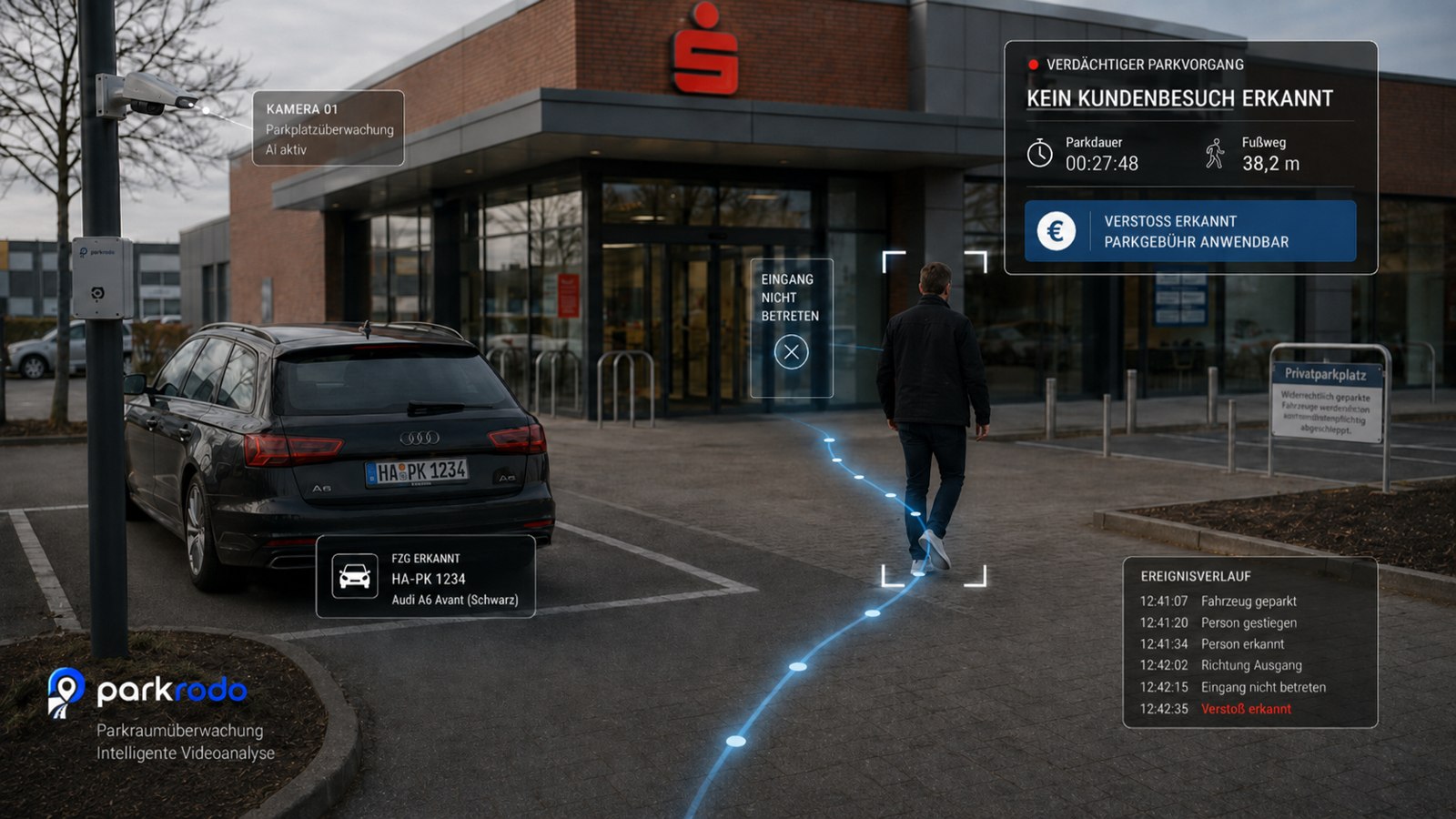 parkrodo AI – intelligente Videoanalyse mit Fahrzeug- und Laufwegerkennung